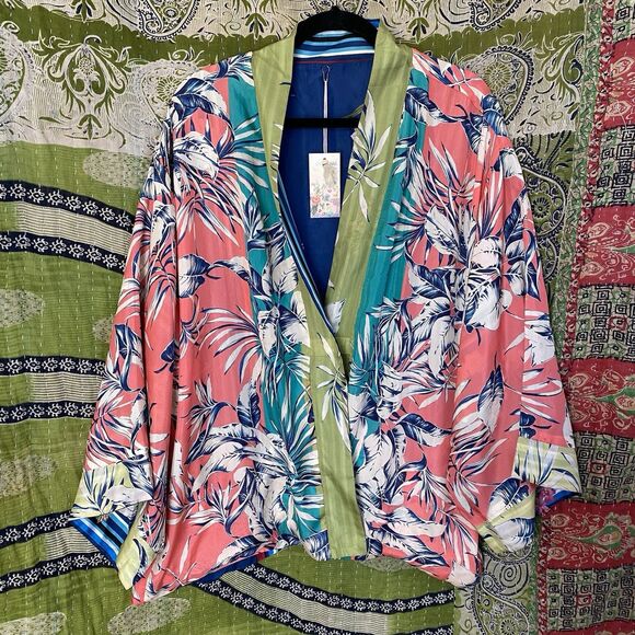 NWT Johnny Was Blue Floral Kygo Nana Silk Reversible Kimono Size 1X - Picture 12 of 16